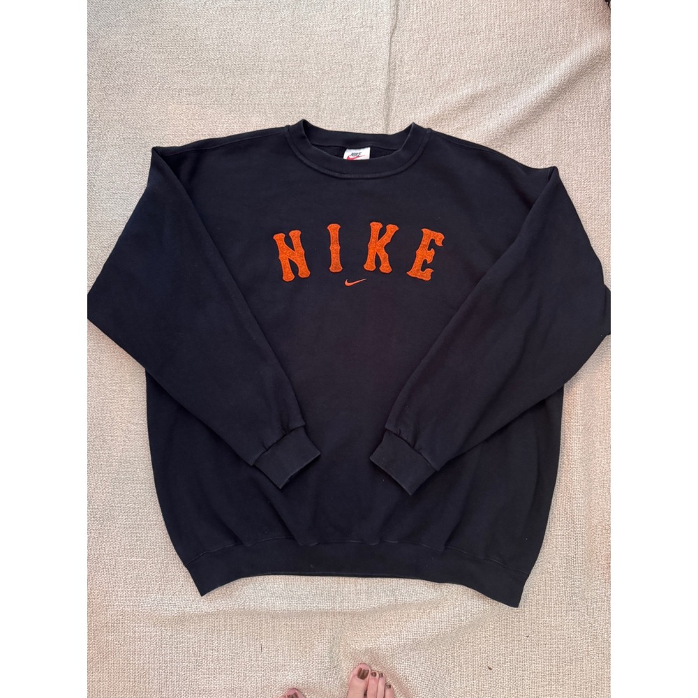 Vintage 90s Nike Made USA Black Appliqué Logo Crewneck Sweatshirt XL - Picture 8 of 16